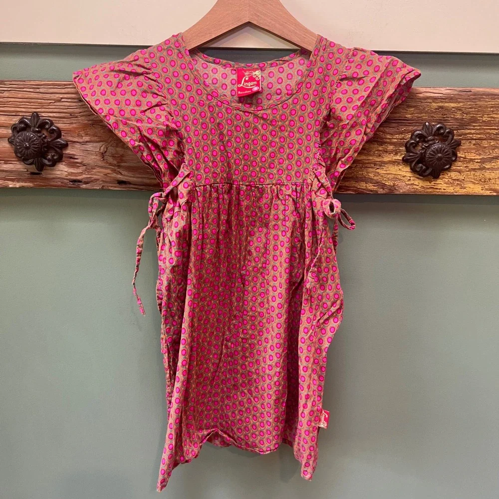Lingam Barcelona Kids Pink Orange Geometric Cotton Flutter Sleeve Tunic Dress S